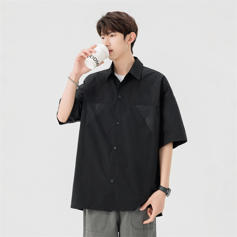 Free Shipping Short-Sleeved Shirt Men's Lapel Summer New Mesh Breathable Versatile Loose Solid Color Half-Sleeved Shirt Slimming Outer