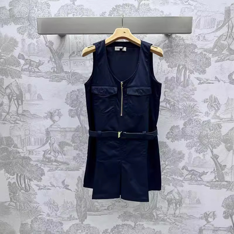 Summer New High Order Miu Elegant Elegant Style Simple High-end Splicing Zipper Flap Pocket Pants Belt Vest Dress
