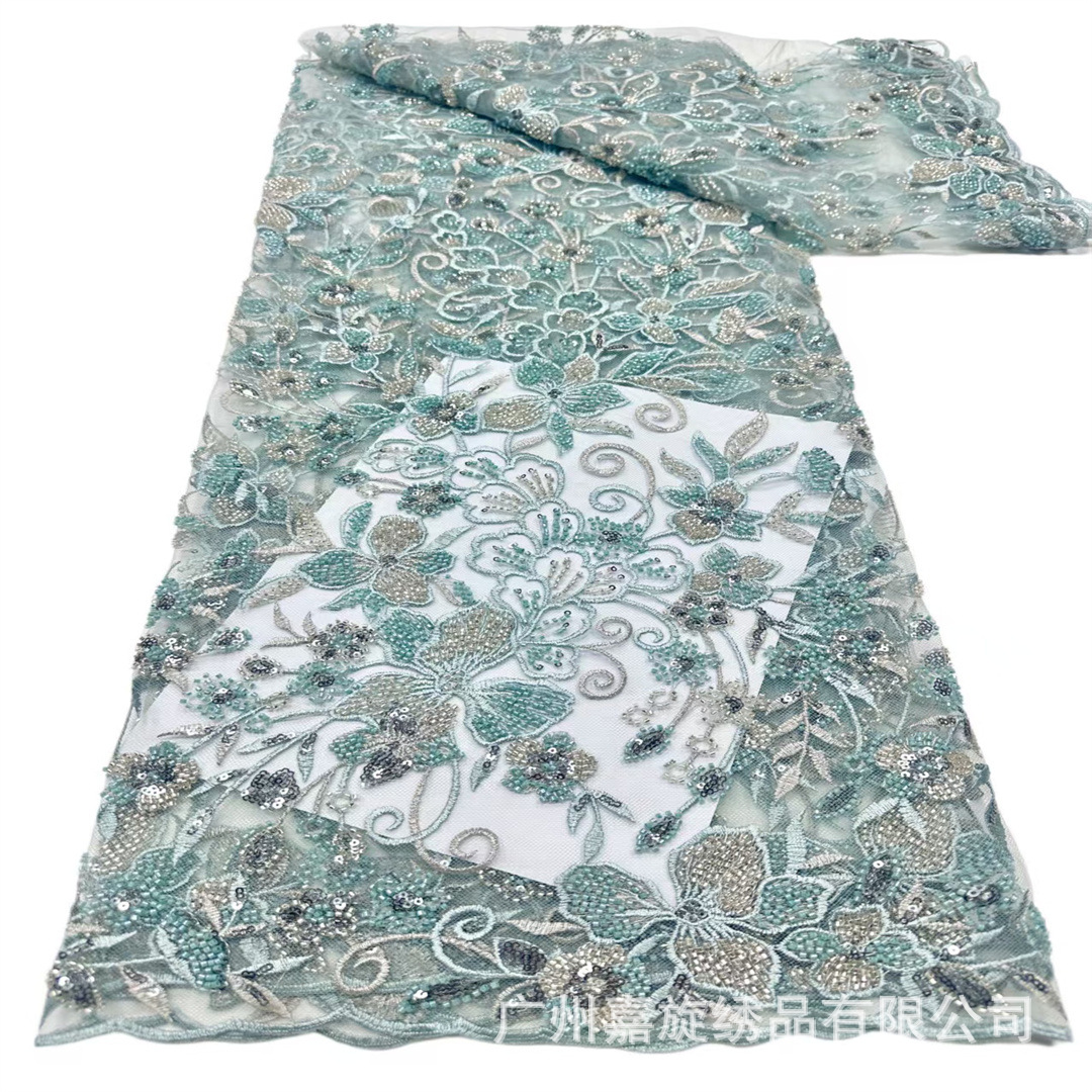 Tela de bordado pesado con diseño floral de una sola cara, lentejuelas con cuentas, adecuada para vestidos de novia, vestidos de noche y encaje de qipao.