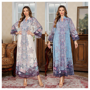 New in Stock Printed Middle Eastern Dress Muslim Women's Fashion Dubai Long Dress Abaya Embroidered Robe