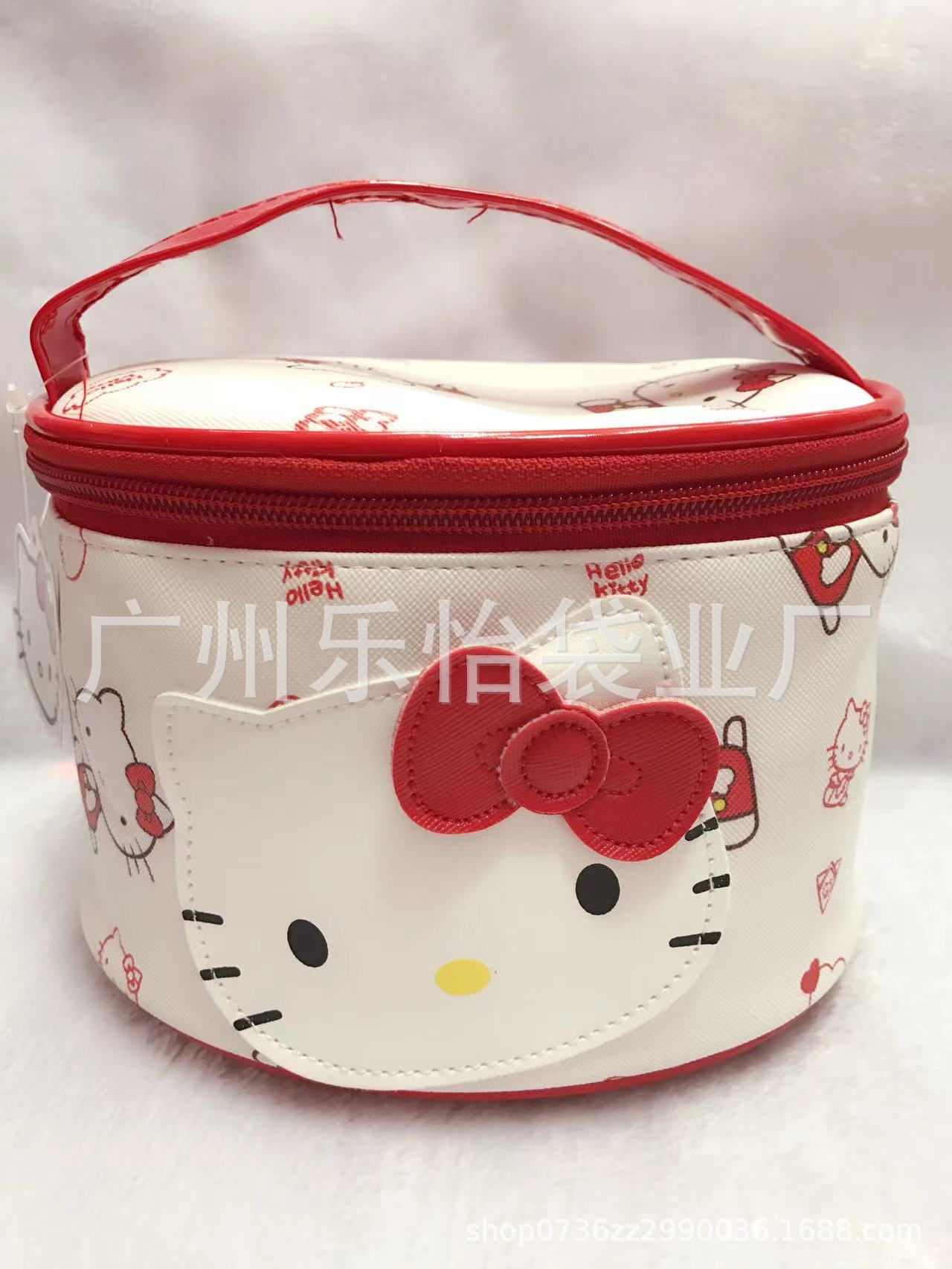 Linda bolsa de cosméticos de almacenamiento de barril de cuero PU con cara de gato en forma de dibujos animados para damas con lazo lindo