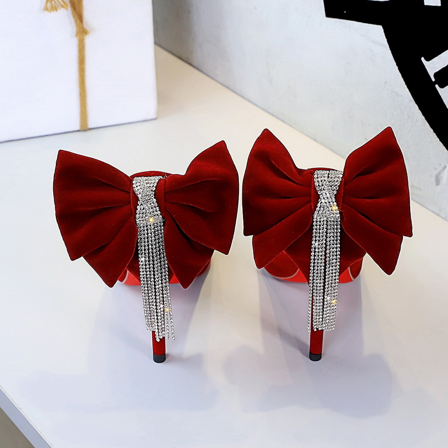 8355-H66 European American Style Fashionable Ultra-high Women's Shoes With Large Bow At The Back, Rhinestone Chain,_vogvips.com