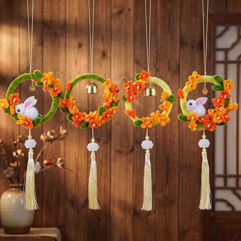 Mid-Autumn Festival DIY Twist Stick Ring Handmade Wreath with Traditional Chinese Style Tassels Car and Bag Decoration Material Kit