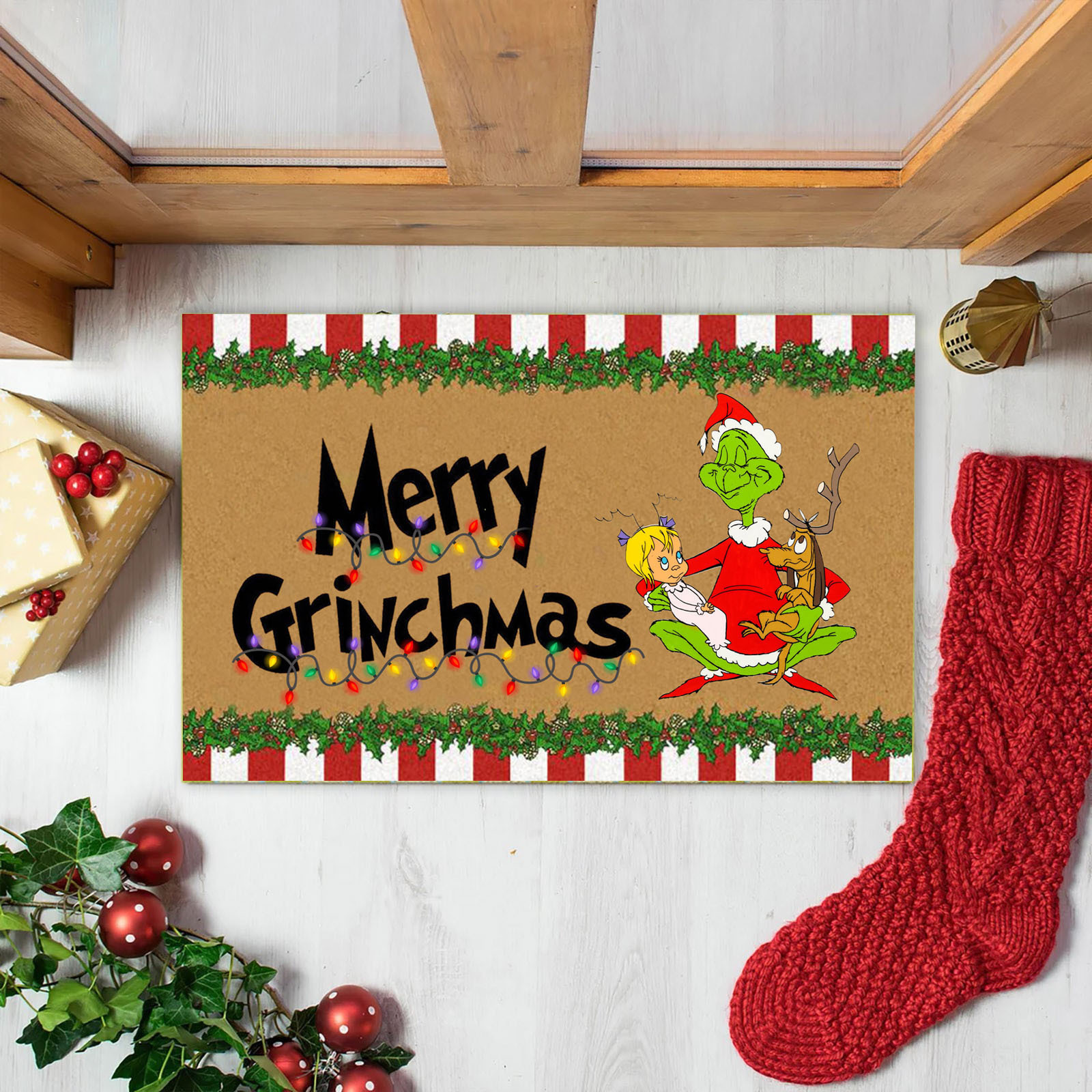 En stock Grinch alfombra del piso transfronterizo alfombra de Navidad alfombra de puerta de vacaciones verde payaso alfombra del piso