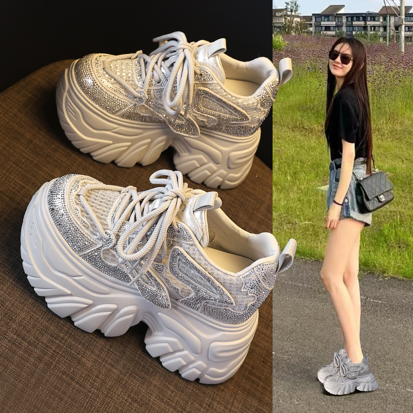 Giày sneaker nữ chunky đế dày lưới thoáng, phối đá rhinestone sáng — màu trắng
