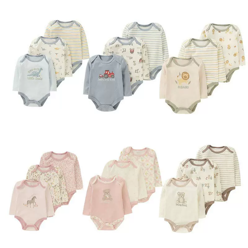 跨境0-9月新生儿夏季透气长袖包屁衣卡通三角哈衣棉质连体爬行服