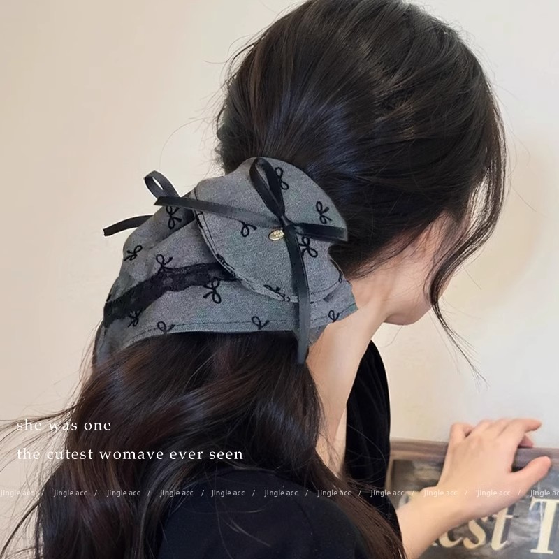 Grey arco de encaje anillo de cabello de intestino grande toalla cuadrada adornamiento de cabello otoño invierno sensación de alta calidad tocado de cola de caballo