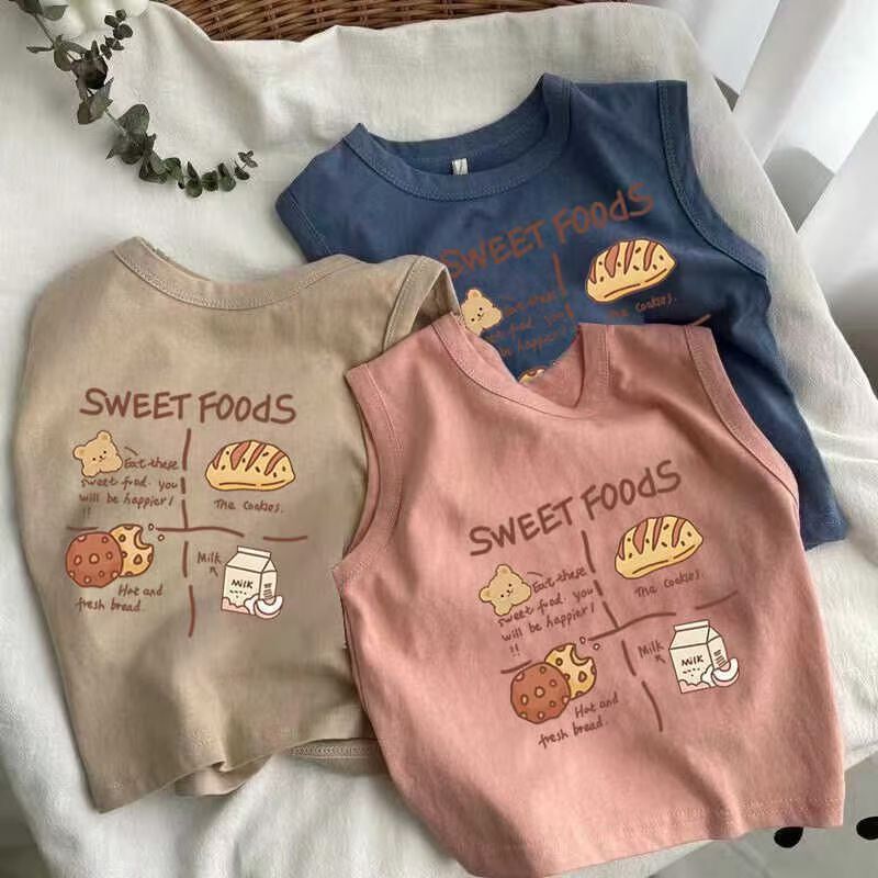 Children's Sleeveless Short-sleeved Summer T-shirt Girls' Cotton Vest Boys' Baby Children's Cartoon Printed Korean Top