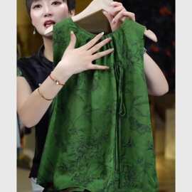 新中式绿色提花无袖衬衣前后两穿马甲背心女2025新款巨好看的小衫