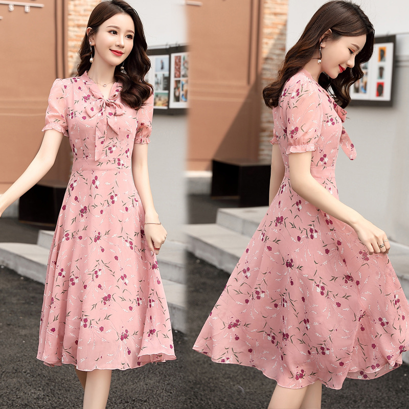 Sweet and Fashionable Small Floral Bow Tie Dress Fairy Summer French Niche Short-sleeved Printed Slimming Look Skirt