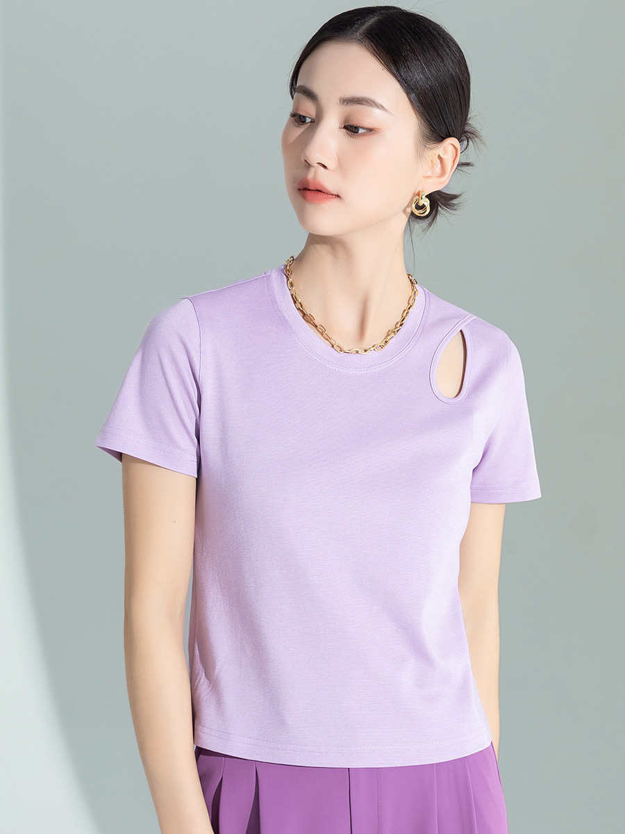 Áo thun nữ tay ngắn thiết kế khoét vai, chất liệu dệt kim acetate Tencel ôm dáng — Màu tím