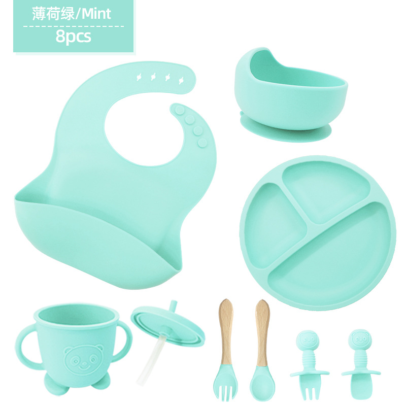 Conjunto de cubiertos de silicona para niños cubiertos de alimentación de grado alimenticio para bebés cubiertos de alimentación integral a prueba de caídas tazón taza de paja