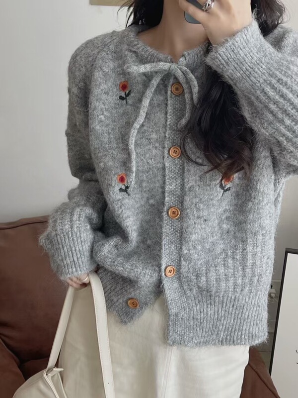 温柔风软fufu甜美绣花毛衣外套女秋冬2025新款韩系针织开衫上衣服|undefined