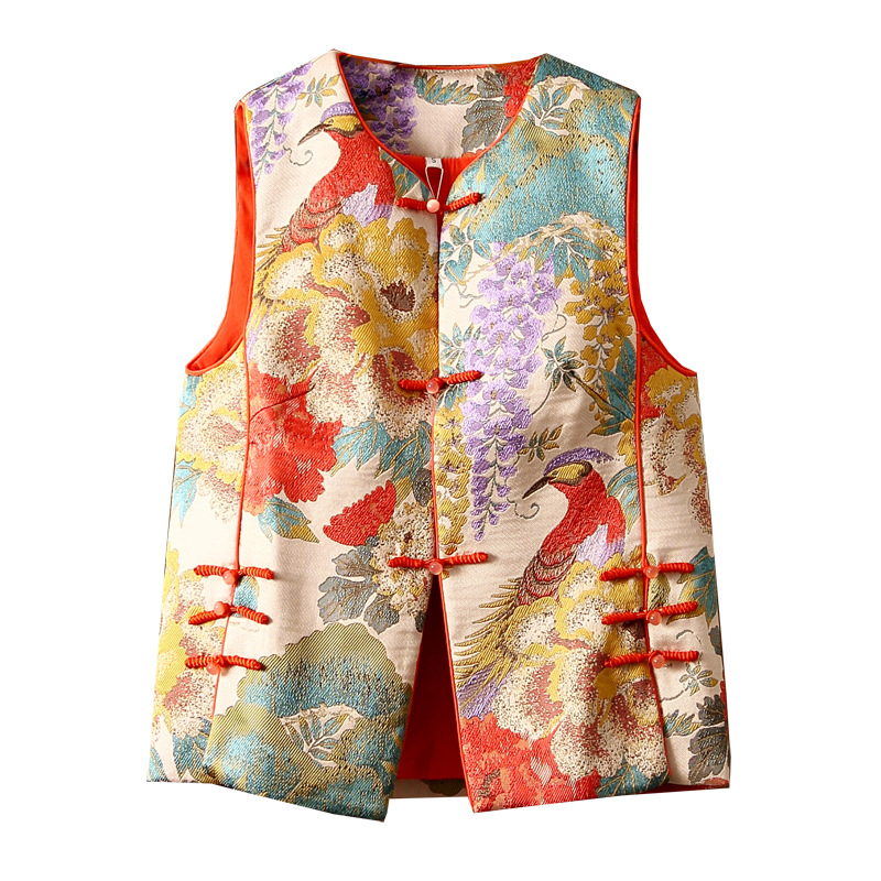 Mujeres brocado de cuello de corazón Jacquard chaleco sin mangas chaqueta chaqueta chaqueta chaqueta estilo chino bordado tridimensional