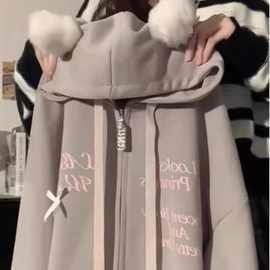 猫咪耳朵连帽开衫卫衣女秋冬小众设计感宽松日系复古外套
