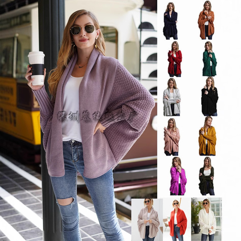 Amazon's New Autumn and Winter Bat Sleeve Large Size Long Knitted Cardigan Sweater Women's Outwear Foreign Trade Women's Sweater Women's