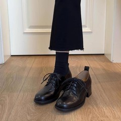 羊皮版 ~ 新型百合真皮通勤小革靴女性太ヒール帯英倫風楽福靴深口単靴