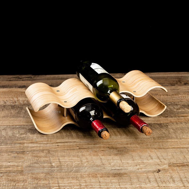 家用餐厅酒吧台桌面实木酒架创意波浪形简易木质葡萄酒红酒架摆件