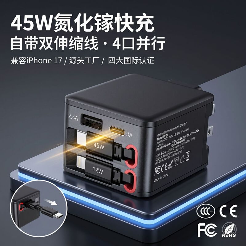 Retractable Charger Gallium Nitride Super Fast Charging with Built-In Cable Multi-U Port Mobile Phone Charging Head Power Adapter Factory