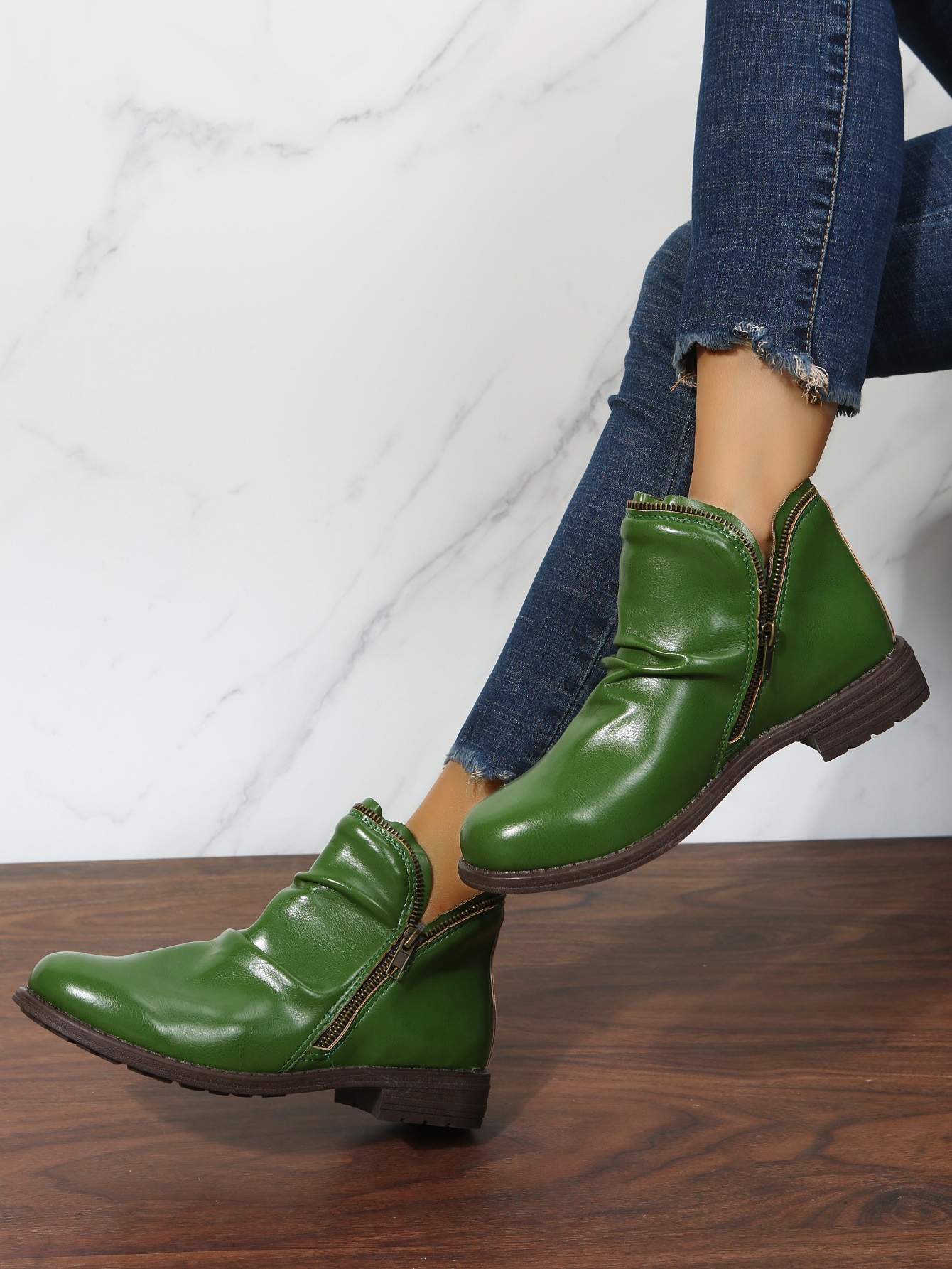 New low heel chunky round toe double zipper boots for women_voghion.com