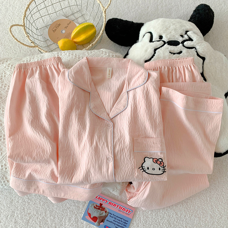 Japonés helloKitty nube de algodón puro pijamas de pareja verano de manga corta para mujer servicio a domicilio de tres piezas para hombre