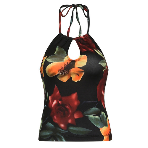 Women's V-Neck Top with Unconventional Design, Spring and Summer, High-End, Shoulder Strap, Fitted, Floral Print, French Retro Style
