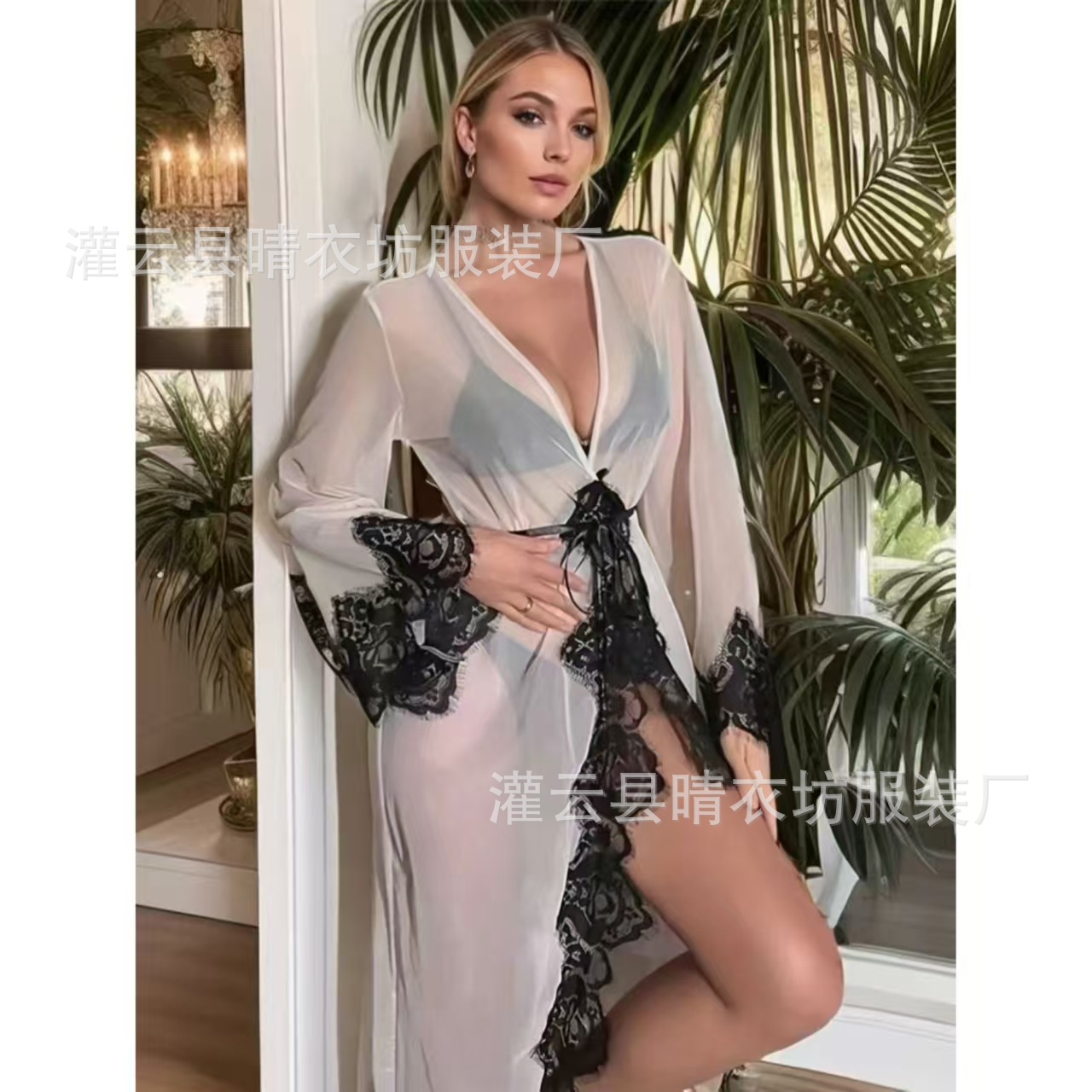 Aliexpress Cross-Border Foreign Trade Large Size Nightgown Mesh See-Through Home Casual Long Sexy Bathrobe