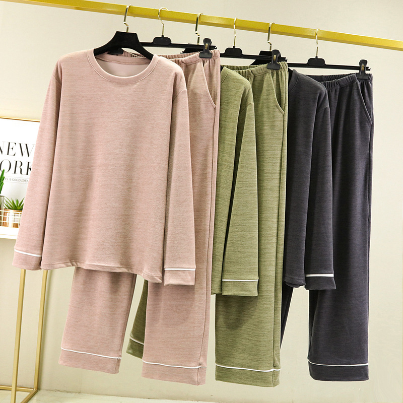 Winter New Men's Crewneck Long-sleeved Pocket Casual Pants Solid Color Two-piece Cashmere Contrast Color Home Clothes Set