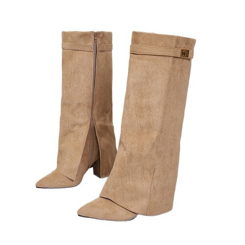 Women's Fashion Boots with Pointed Toe and Fleece Lining, Winter New Model, Western Style, Side Zipper, Large Leg Opening Boots