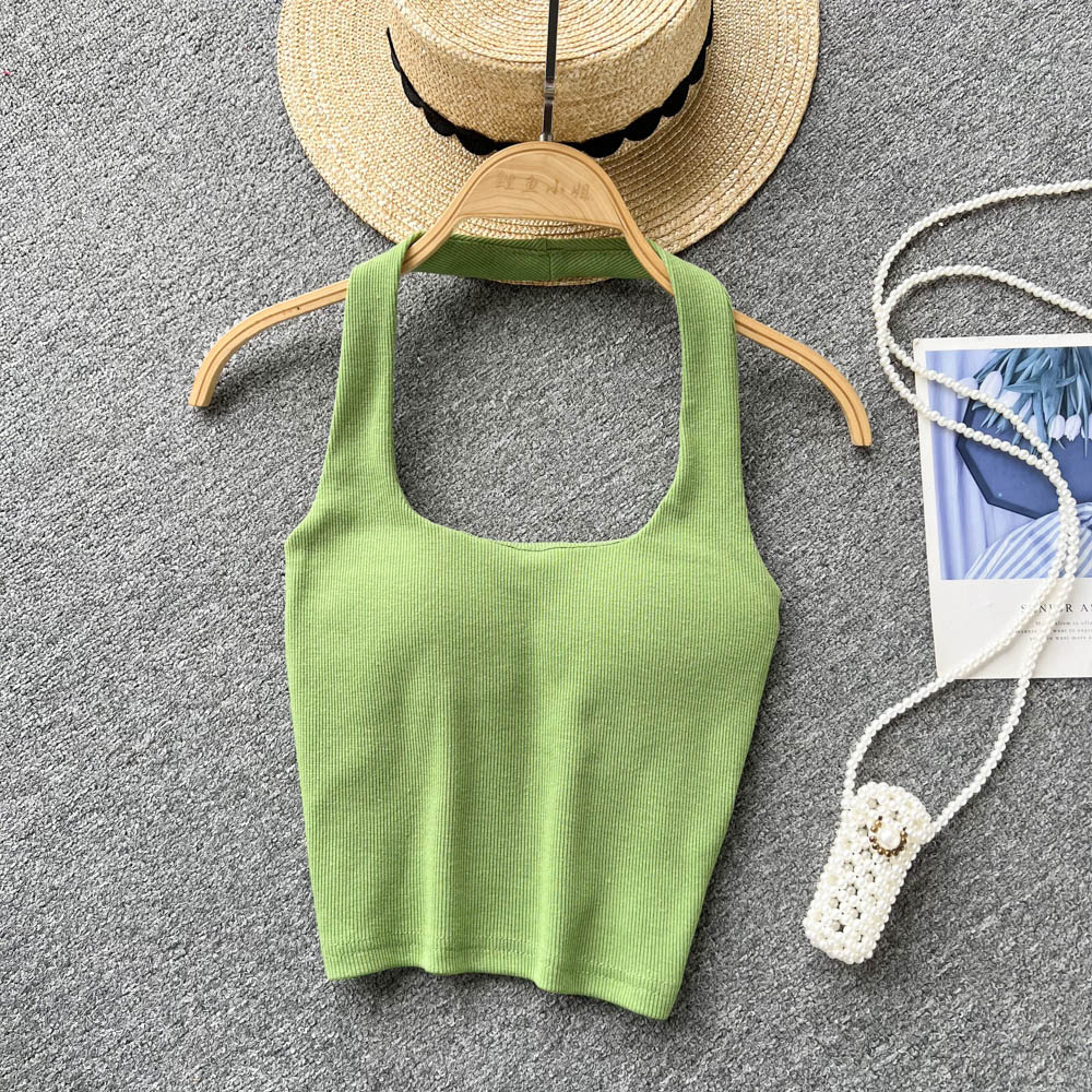 84g Weight Cotton, Rib Fabrics Fabric Type Short Top Length Vest Tops Type Holiday, Banquet, Daily Occasion Halter Neck Neckline Slim Fit Type Solid Color Pattern Summer Season Women's Gender Elegant, Streetwear Style Wholesale Women's Elegant Streetwear Solid Color Tank Tops 32