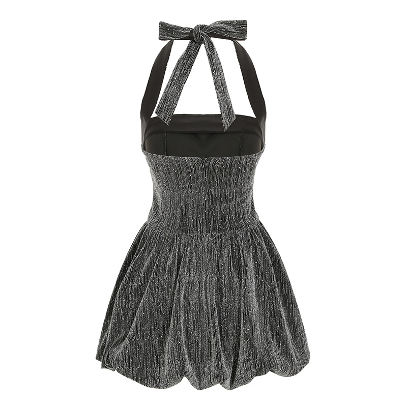 Bright Silk Thin Glittering Halter Dress Tube Top Cinched Waist A line Puffy Puffy dress