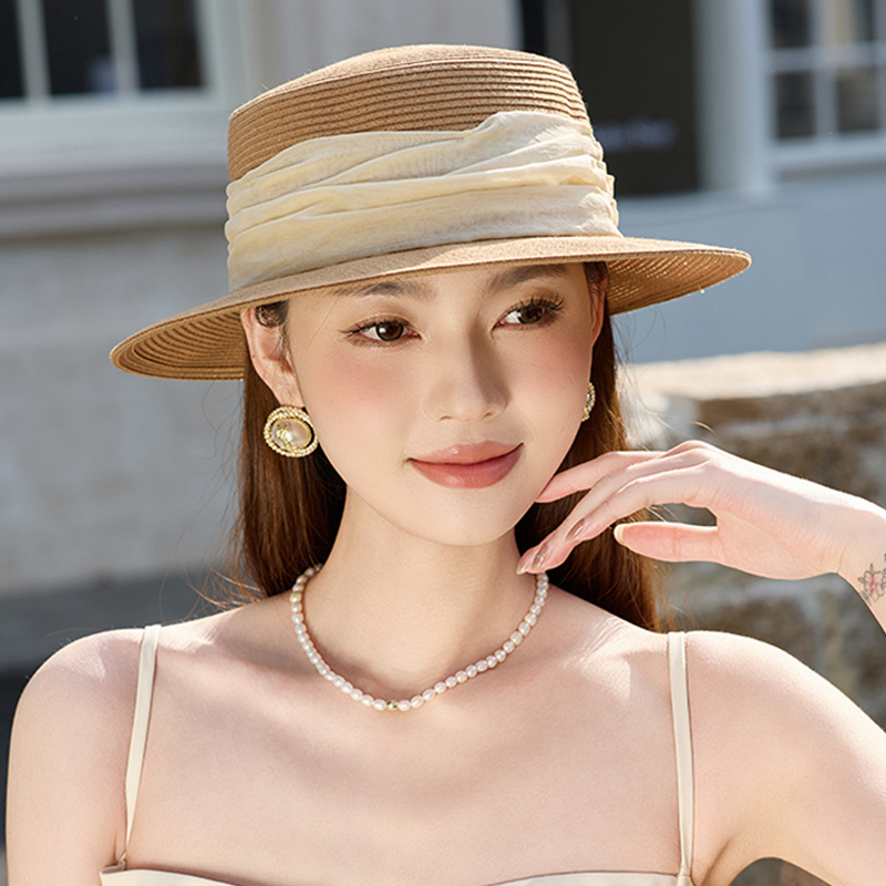 Mũ rơm nữ vành rộng chống nắng UV, phối mùa xuân hè, đi biển du lịch — Màu be