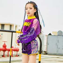 女童爵士舞服装韩版儿童街舞套装露脐亮片架子鼓表演服潮衣夏