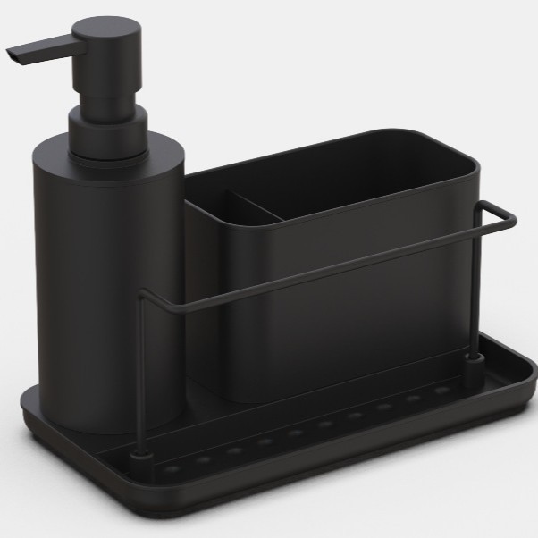 Set de limpieza de fregadero de botella de líquido de cocina de acero inoxidable tres en uno con barra de toalla, estante de almacenamiento de cepillo de disco, jabón líquido