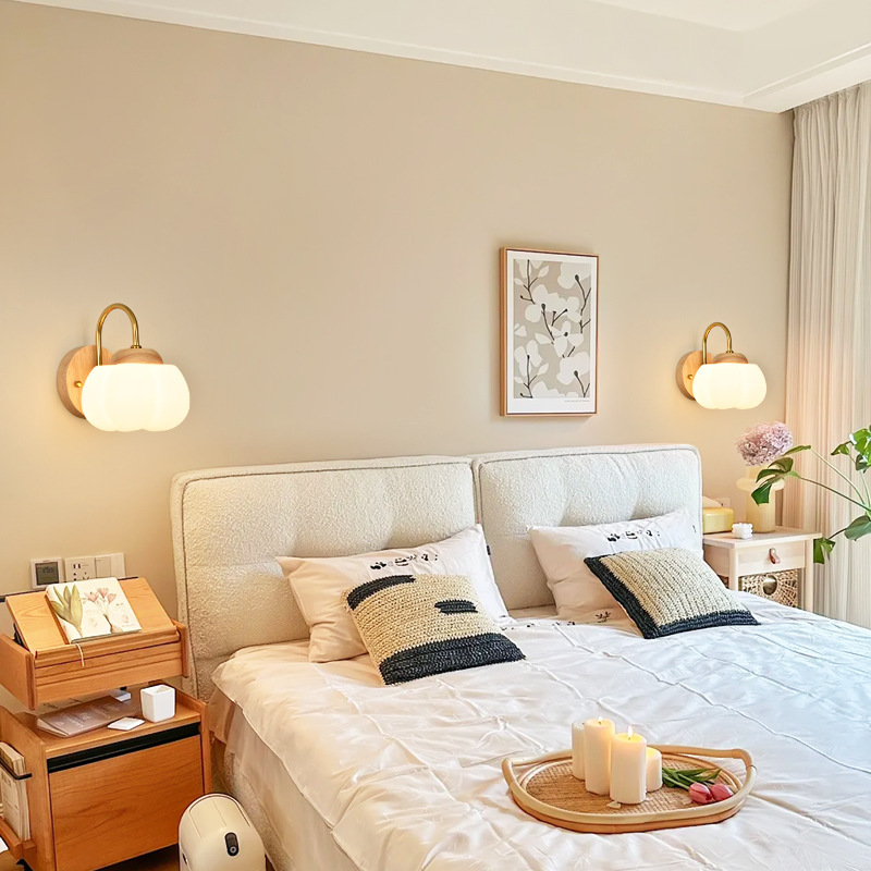 Gran vista lámpara de pared del dormitorio lámpara de cabecera de cama de viento crema de fondo de la sala de estar lámpara de pared de madera de estilo japonés nueva lámpara de algodón L271