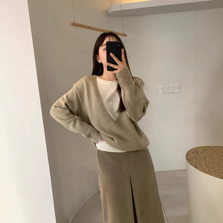 韩版时尚假两件圆领套头毛衣女秋季宽松慵懒风高级感针织气质上衣
