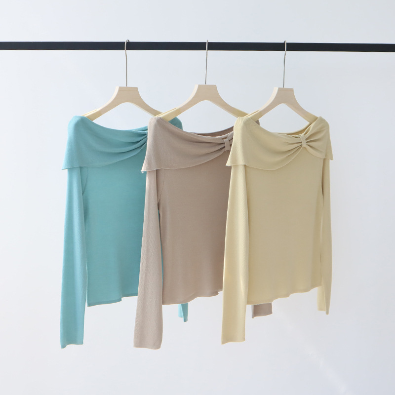 Original Designer Brand Spring One-character Collar Sweater Long-sleeved High-end Bow Tie Top for Women