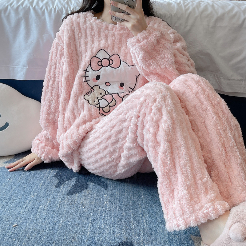 卡通猫珊瑚绒睡衣女秋冬季爆款法兰绒加绒加厚家居服长袖长裤暖暖|undefined