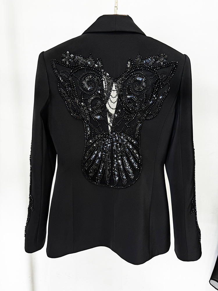 Spring Stars Mesh Patchwork Heavy Industry Beads Blazer Chiffon Trousers Two Piece Pant Sets