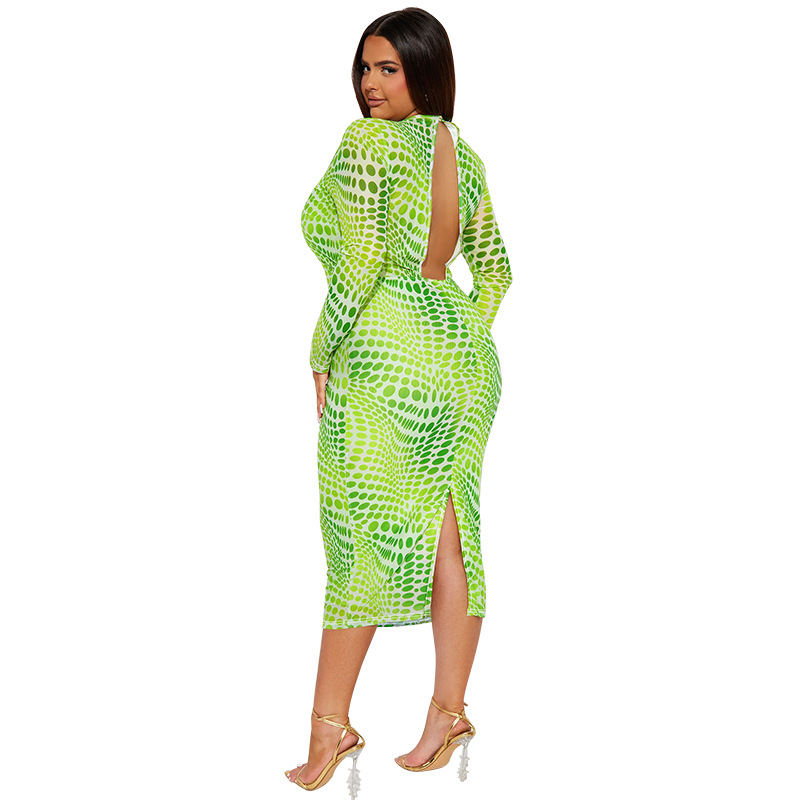 Plus size midiklänning med hög krage och lång ärm för kvinnor_voghion.com