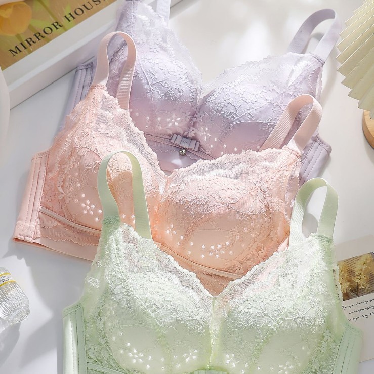 New Lace Large Cup Bra, Adjustable Hole Cup, Elastic Cup, Comfortable, Breathable, Wire-Free, Side Breast Collection Bra