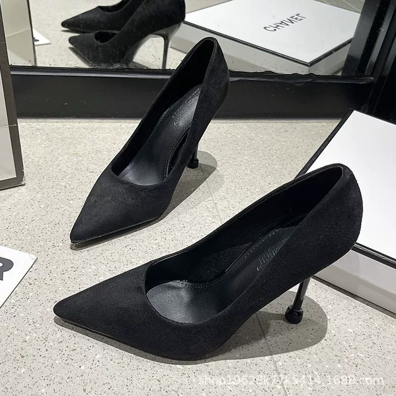 2024 сломанный черный 5 -- 7-9 см замши новые туфли на высоких каблуках с заостренными каблуками этикет для профессиональной работы женская обувь