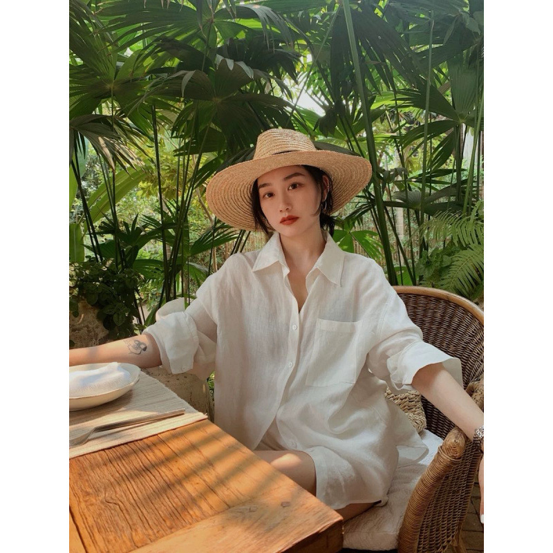 2026 Summer New Linen Sun-Protective Long-Sleeve Shirt Versatile Blouse Women's Minimalist Cotton-Linen Wide-Leg Pants Two-Piece Set