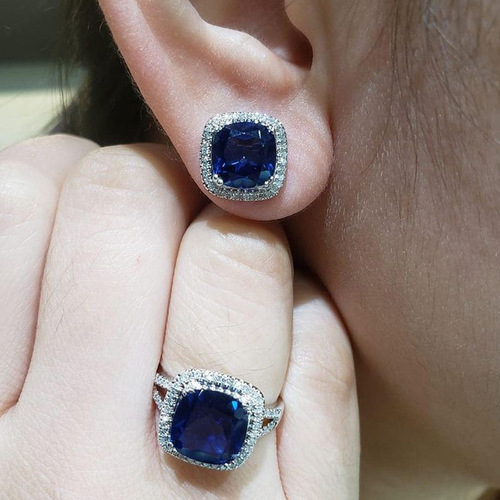 Cao Suitable European and American Style Jewelry Set, Fashion Square Royal Blue Zircon Series Accessories, Luxurious and Elegant Jewelry