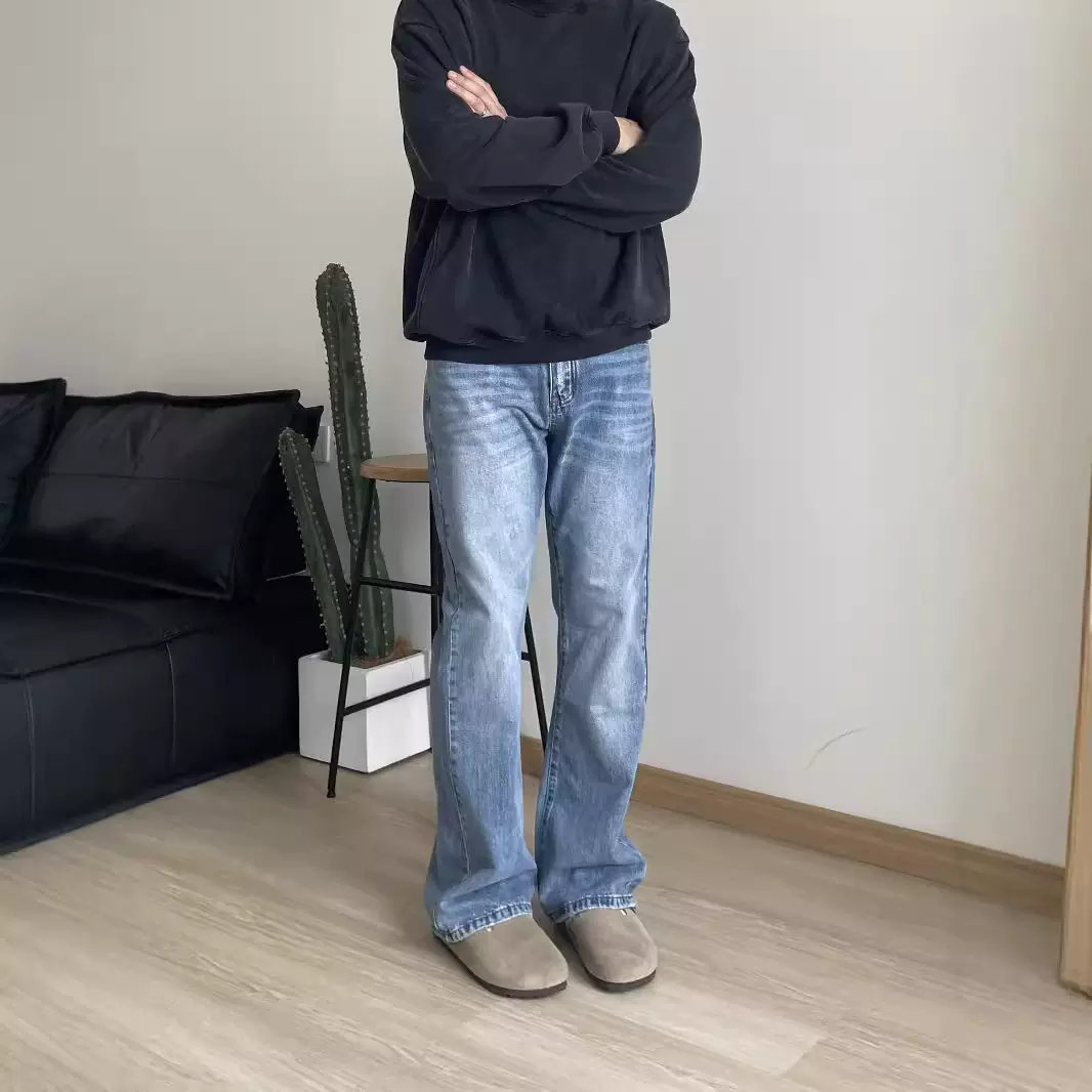 2024美式复古浅蓝水洗做旧vintage517风格微喇cleanfit牛仔裤男无