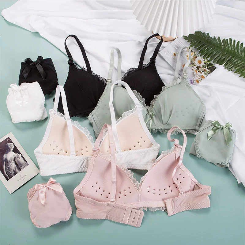 Push‑up wireless bra set, lace trim and bow, thin cups, pretty back, sizes 70AB–85AB