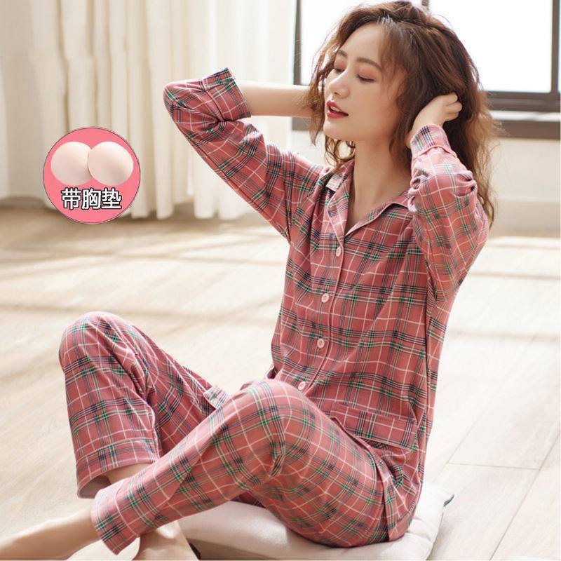 Pijama de Otoño de una pieza para mujer con almohadilla en el pecho nuevos pantalones de manga larga de algodón 100% para primavera y otoño