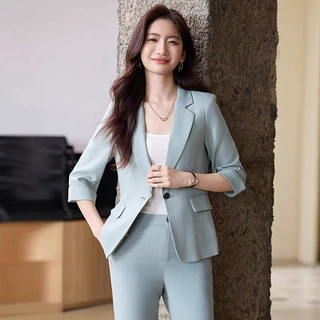 2025春夏新款绿色七分袖小西装外套女薄款气质修身通勤正装工作服