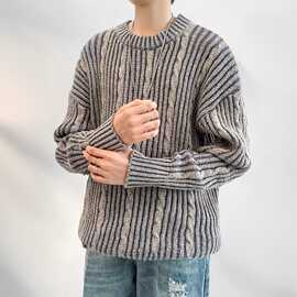 韩系拼色竖条纹圆领双面穿毛衣男宽松秋冬季复古情侣款加厚针织衫