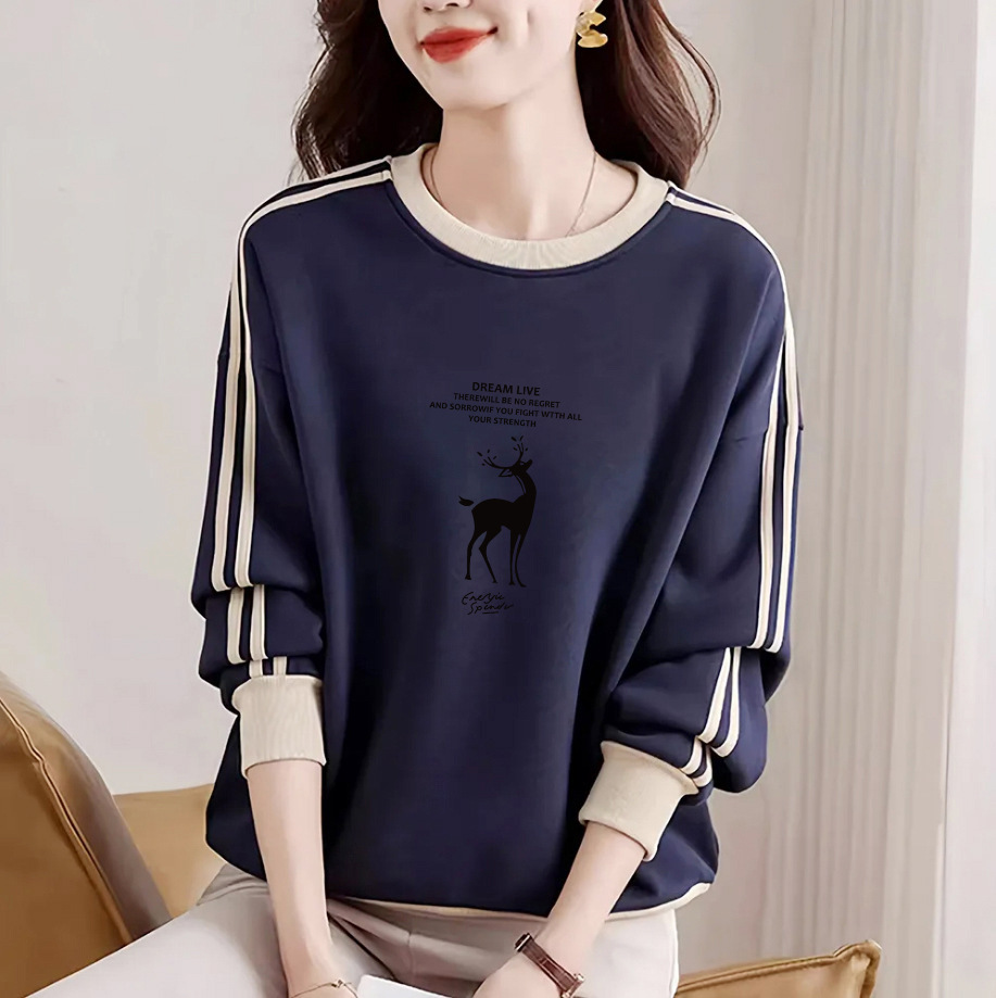 Brand Pure Cotton Long-Sleeve Printed Sweatshirt for Women, Spring Style, Fashionable, Versatile, Artistic, Age-Reducing, Color-Blocking Top 2